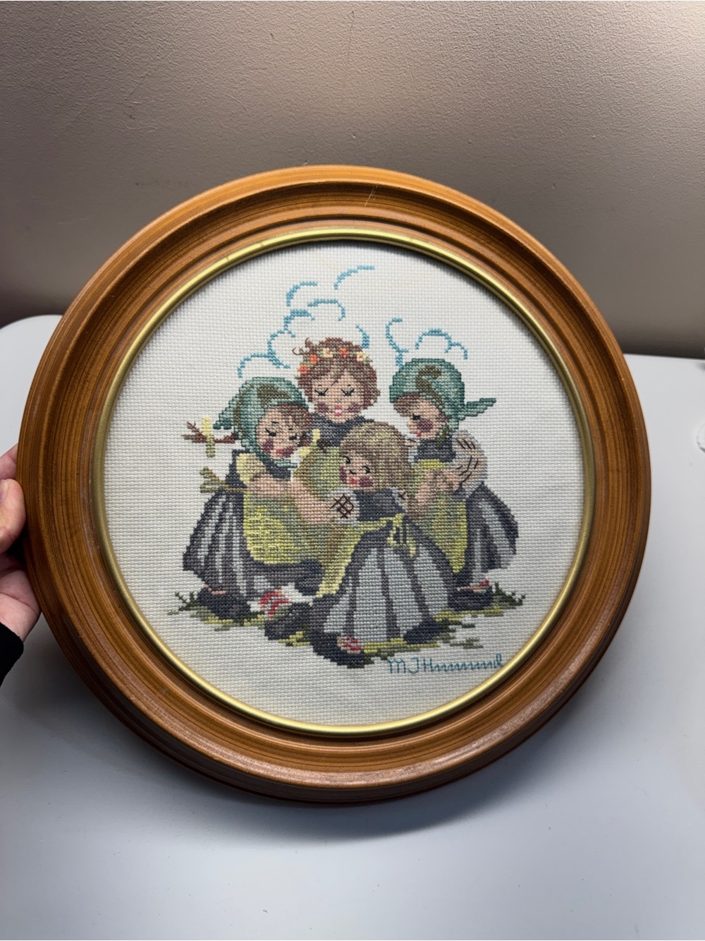 M.J. Hummel "Ring Around The Rosie" Cross Stitch Picture w/ Round Wood Framed